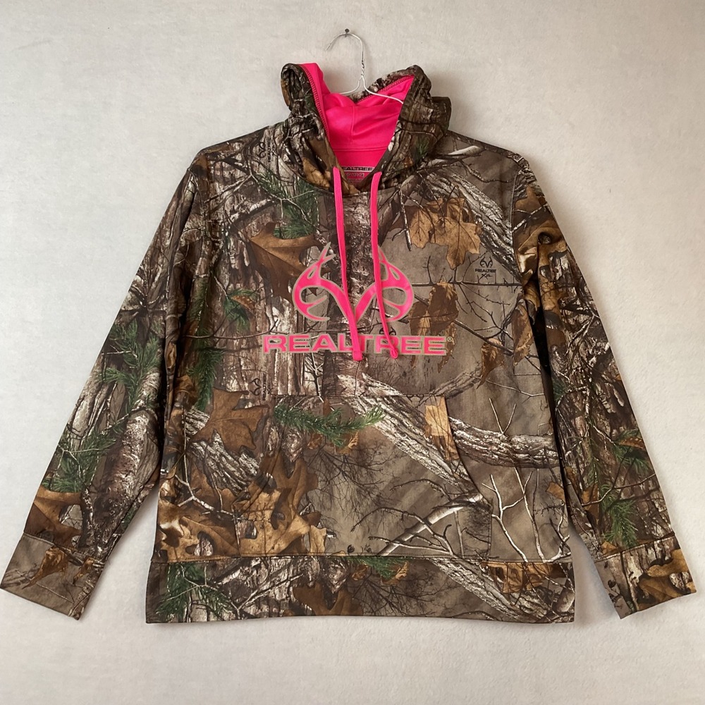Realtree Xtra‎ Camo Hoodie Womens Large Pink Logo Pullover Camouflage Sweatshirt
